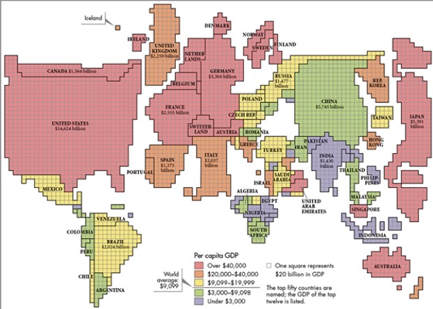 Based on Map 33.1,  The Global Distribution of Wealth, ca. 2010,  which of the following is true regarding the GDP of most European members of the European Union?   A)  Their per capita GDP is higher than the world average. B)  Their per capita GDP is lower than the world average. C)  Their per capita GDP is among the lowest in the world. D)  Their per capita GDP decreased significantly after joining the European Union.