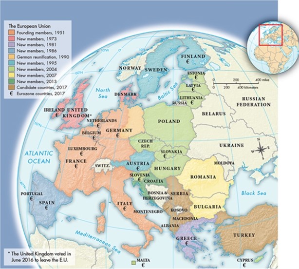 <strong>According to Map 32.4, The European Union, 2017, beginning in what year were countries that were formerly a part of the Soviet sphere of influence granted admission to the European Union? </strong> A) 1995 B) 2004 C) 2007 D) 2013