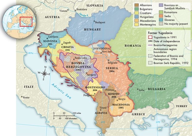 According to Map 32.2,  The Breakup of Yugoslavia,  the city in which Archduke Franz Ferdinand was assassinated was home to what ethnic majority in the early 1990s?   A)  Croatians B)  Albanians C)  Macedonians D)  Serbians