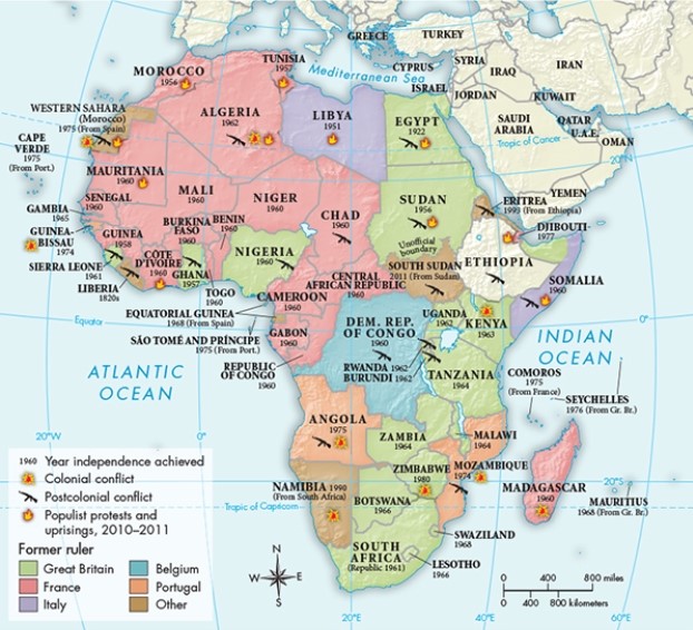 Based on Map 31.5,  Decolonization in Africa, 1947 to the Present,  the former colonies of which European power appear to have been the most unstable?   A)  France B)  Britain C)  Portugal D)  Italy