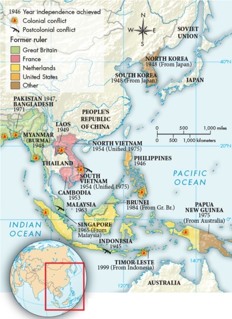 According to Map 31.4,  Decolonization in Asia,  what is one way in which colonization in Asia differed from that of Africa?   A)  Australia and Great Britain held colonies in Asia. B)  The United States and the Netherlands held colonies in Asia. C)  Japan and France held colonies in Asia. D)  Malaysia and Great Britain held colonies in Asia.