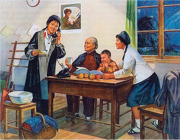 Which of the following is one of the ways in which this poster seeks to glorify the Chinese Communist state?   A)  It depicts a typical bourgeois Chinese family. B)  It includes examples of many of the material goods available in abundance in Communist China. C)  The landscape visible through the window represents the abundant land available to middle-class Chinese families under the Communist regime. D)  The females are wearing the Communist red star on their caps.