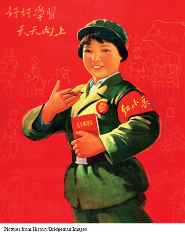What evidence in this illustration indicates that the person portrayed was a member of the Red Guards?   A)  She is clutching a Little Red Book. B)  The button she is wearing indicates her position within the Red Guard. C)  Only members of the Red Guard were allowed to wear green uniforms. D)  The illustrations that decorate the background reflect all of the activities in which the Red Guard was involved.