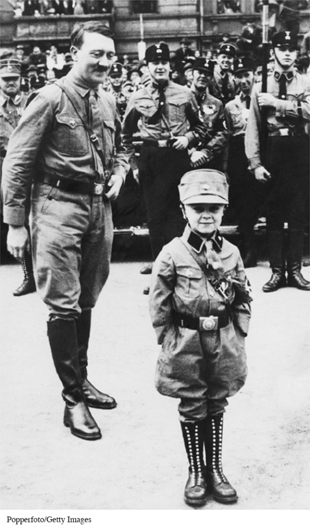 What can be deduced from this picture about Hitler's view of German youth?   A)  He believed most children were too young to understand Nazi ideology. B)  He viewed German youth as the future of the Nazi Party. C)  He believed paramilitary organizations would be the downfall of the Nazi Party. D)  He had no appreciation for the role children could play in the growth of Nazism.