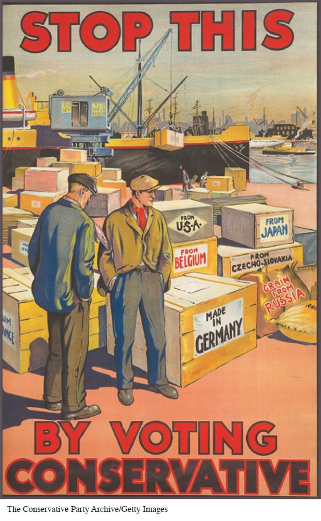 What can be deduced about the trade policies of the British Conservative Party from this poster?   A)  They were anti-tariff. B)  Trade relations with Asia were lagging. C)  They were pro-tariff. D)  The Great Depression was doing little to hurt British trade.