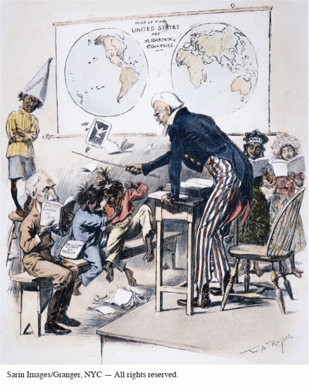 Why are the children representing the Philippines and Cuba labeled Guerilla and Cuban Ex-patriot being disciplined by Uncle Sam in this illustration? A) Many believed they were unfit for self-government. B) They had been part of the rebellion against Spain that led to the Spanish-American War. C) They were negatively influencing events in Hawaii and Puerto Rico. D) They had resisted attempts at an American takeover of their governments.