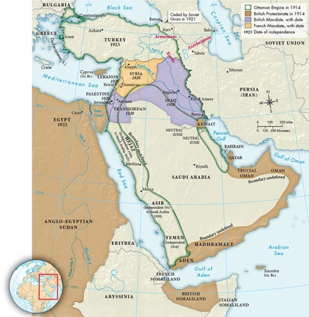 According to Map 29.1,  The Partition of the Ottoman Empire, 1914-1923,  which of the following is true of the states of Syria and Iraq?   A)  They are located within the region typically referred to as the Balkans. B)  As mandates they were examples of postwar European imperialism in the Middle East. C)  It was within these states that most historians believe the First World War began. D)  They blocked Soviet access to the oil-rich Caucasus.