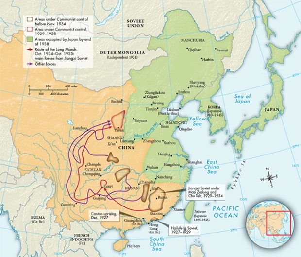 According to Map 29.2,  The Chinese Communist Movement and the War with Japan, 1927-1938,  Japan's occupation of Manchuria and Korea protected it from which of the following?   A)  Mongolia B)  China C)  Taiwan D)  Soviet Union