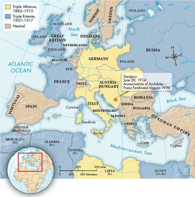 According to Map 28.1,  European Alliances at the Outbreak of World War I, 1914,  what unique strategic problem did Germany have to confront on the eve of the First World War?   A)  They had to prepare for a two-front war. B)  They were surrounded by neutral powers. C)  They had no access to the strategically vital North Sea. D)  Their only access to North Africa was through neutral territory.