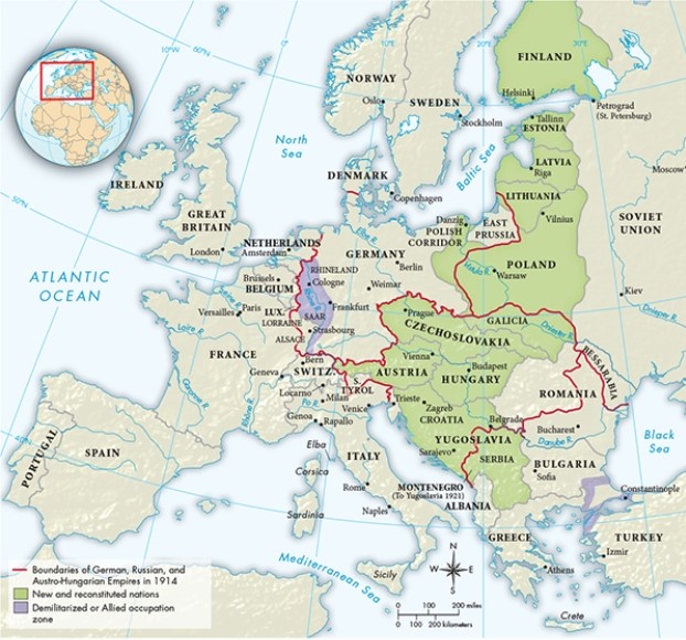 According to Map 28.4,  Territorial Changes in Europe After World War I,  which of the following is true regarding the demilitarized zone on the border of Germany and France?   A)  It was intended to serve as a buffer zone between Germany and the Balkans. B)  It was intended to protect French neutrality should another war break out in Europe. C)  Its location was in the same region where Germany launched the opening phase of the Schlieffen plan. D)  Its location was in an area that robbed Germany of access to some of its more important agricultural lands.