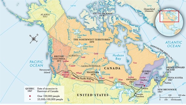 Aside from the large number of Europeans who migrated there, what else, according to this map, facilitated the nineteenth-century agricultural boom in midwestern Canada?   A)  The railroad B)  Access to the Erie Canal C)  Significant population density D)  Proximity to the large grain-producing regions of the United States