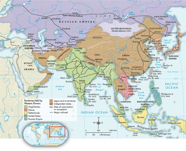The possession of which region by a foreign power in this map is an example of the new imperialism?   A)  French Indochina B)  Siberia C)  Korea D)  The Philippines