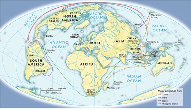 According to Map 26.3,  Emigration Out of Asia, 1820-1914,  emigrants from which region travelled to the widest variety of destinations?   A)  India B)  East Asia C)  Japan D)  The Philippines