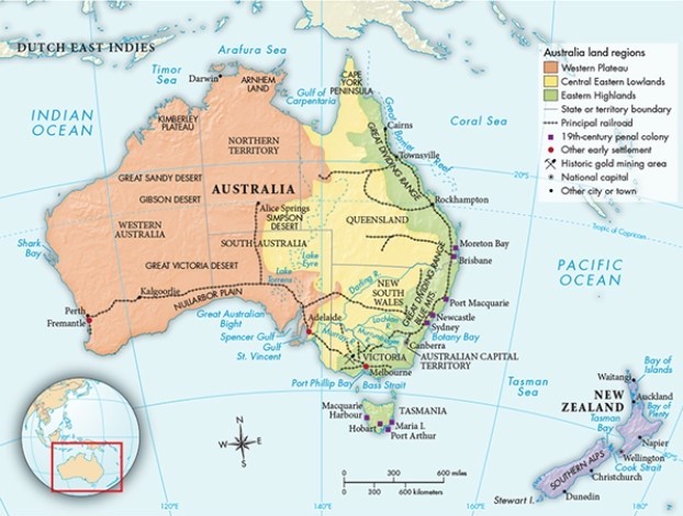 What evidence in Map 26.2,  Australia,  suggests that the majority of Australia's industrialization took place in the east?   A)  The east borders the Pacific Ocean. B)  A gold mine is present. C)  The east has a higher percentage of railroad tracks. D)  A large number of penal colonies are present.