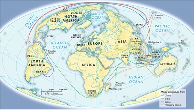 During the period covered by Map 26.3,  Emigration Out of Asia, 1820-1914,  which emigrant group were people living in North America least likely to come into contact with?   A)  Japanese B)  Chinese C)  Filipino D)  Indian peoples