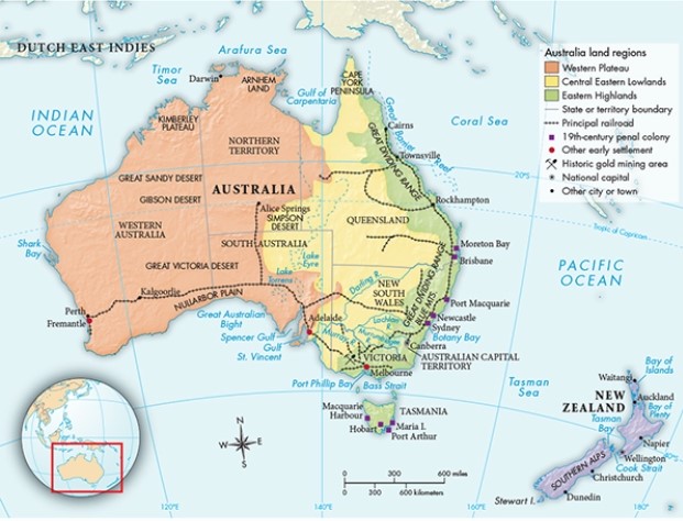 Based on the evidence in Map 26.2,  Australia,  which part of Australia was settled by Europeans first?'   A)  The north, due to its proximity to the Dutch East Indies B)  The south, due to the large number of railroad tracks C)  The east, due to the location of the penal colonies D)  The west, due to the vast expanses of open territory