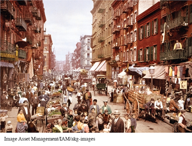 What technological innovation of the late nineteenth century is noticeably absent from this picture of Mulberry Street in New York City?   A)  Electric streetcars B)  Telegraph wires C)  Hackney carriages D)  Electric streetlights