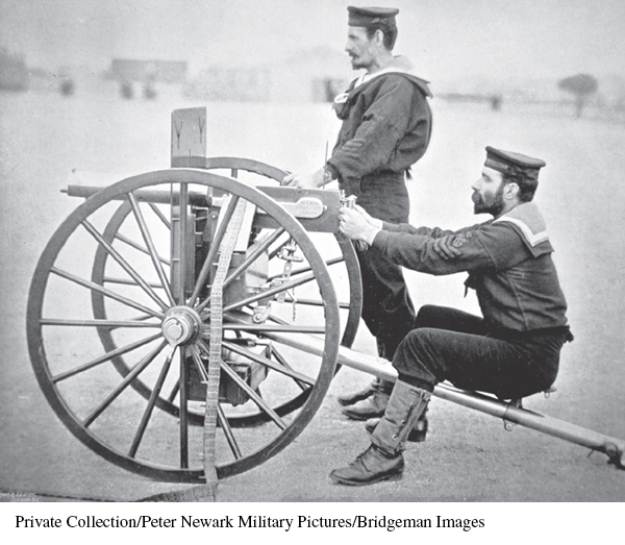 What feature of the Maxim gun, pictured here, was a key factor in the weapon's incredible destructive power?   A)  The operator had a mid-range line of sight. B)  Its efficient design virtually eliminated mechanical malfunctions. C)  The operator could remain seated to ensure a steady aim. D)  It was highly mobile.