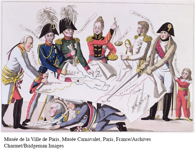 This political cartoon is of the Congress of Vienna, during which European leaders divided Europe amongst themselves. Why is Napoleon, who is seen severing France from the rest of Europe, included in this cartoon?   A)  Napoleon temporarily escaped his exile on the island of Elbe. B)  It was believed that even while in exile Napoleon wielded influence over the Congress. C)  Congress attendees cared only for satisfying their own territorial ambitions. D)  The artist believed that Napoleon's reign had forever destroyed any hope of a future unified Europe.