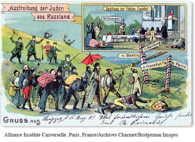 In what way is the so-called scientific racism of the late nineteenth century depicted in this postcard entitled  The Expulsion of the Jews from Russia ?   A)  The Germans, whom the Russians perceived as an inferior people, are welcoming the Jews. B)  The Jews are depicted in an exaggerated caricature-style intended to portray them as an Inferior race. C)  The clothing styles worn by the Jews were those typically associated with the lower classes. D)  All of the cities listed on the signposts were typically perceived as safe havens for those Deemed intellectually and culturally inferior.