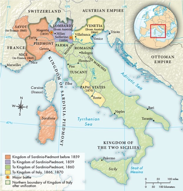 The exchange of which territories in this map reflect the dismantling of territorial concessions made during the Congress of Vienna?   A)  Lombardy and Venetia B)  Piedmont and Savoy C)  The Papal States and Nice D)  Romagna and Tuscany