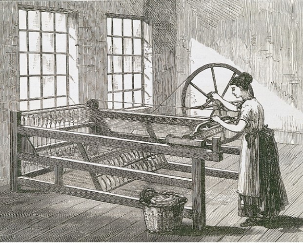 What evidence in this illustration indicates that this woman is working a spinning jenny?   A)  She is working it by hand. B)  She is working with spindles of thread. C)  The machine has a complex frame design. D)  The machine contains rollers similar in design to that of the water frame.