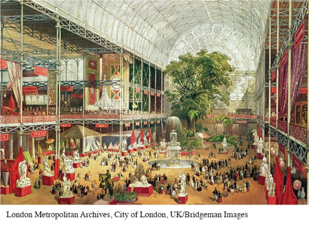Where is the impact of the Industrial Revolution apparent in the design of the Crystal Palace?   A)  Stronger grades of iron made the multitier design made possible. B)  The revolution made glass and iron both cheap and abundant. C)  The large, wide-open floor plan was inspired by factories similar in design. D)  There is a mass-produced statuary on the ground floor.