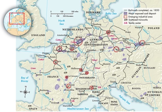 The emerging industrial areas pictured on this map are all located near which of the following?   A)  Ironworks B)  Completed railroads C)  Major rivers D)  Exposed coal deposits