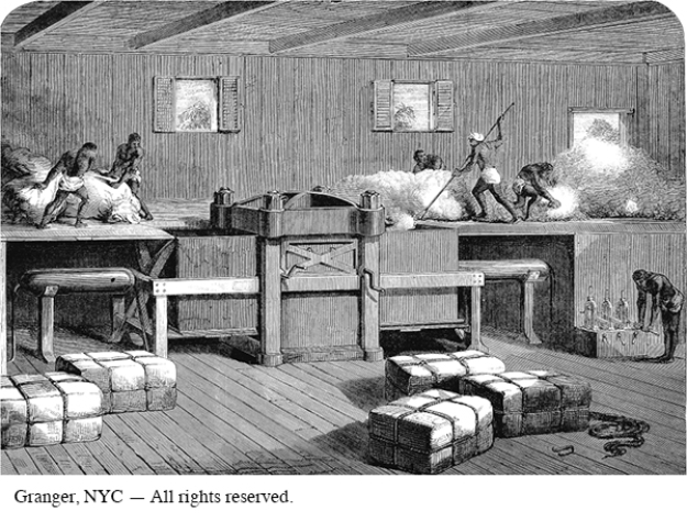 How does this illustration demonstrate the effect of Britain on India's textile industry?   A)  It depicts enslaved Indian peoples laboring for Britain's textile industry. B)  The relatively small number of workers reflects the diminished need for unskilled labor in the Packing industry. C)  The small size of this packing operation reflects diminished British demand for Indian cotton. D)  It depicts Indian textile workers packing cotton, which was the only sector of India's textile Industry not wiped out by British entry into textile manufacturing.