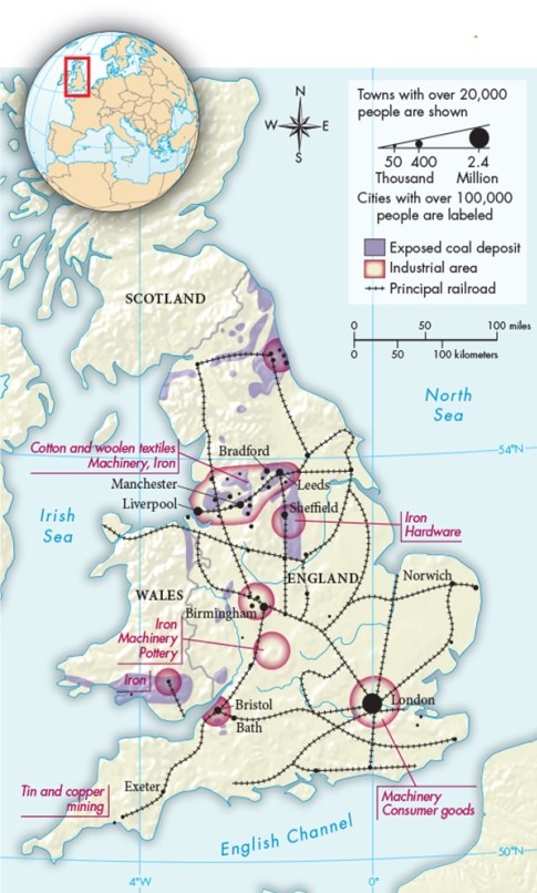 This map shows the importance of which factor during the Industrial Revolution in Great Britain?   A)  The railroad B)  Proximity to Europe via the English Channel C)  Rural areas in which to build factories D)  Access to seaports in Scotland