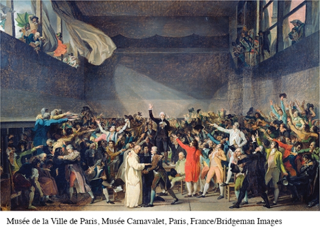 In what way does this painting symbolize unity among the delegates of the third estate?   A)  The faces of many delegates are hidden, suggesting their support of a treasonous cause. B)  Their postures are all oriented toward the center of the room with arms upraised. C)  Some of the subjects are clutching their arms to their chests. D)  The large number of delegates suggests unity of purpose.