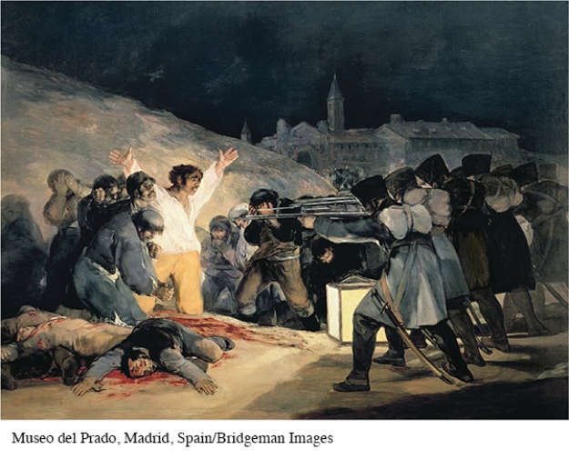 This painting shows a Spanish rebel about to be executed. His arms are upraised and he is bathed in light. What do these elements suggest the artist was trying to portray?   A)  Many Spanish rebels took a nonconfrontational stance toward Napoleon's forces. B)  Many conquered peoples felt fear during the Napoleonic Wars. C)  The victim represents a Christ-like martyr. D)  The victim is being justly punished as a ruthless enemy of Napoleon's army.