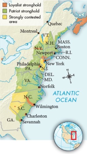 According to the map  Loyalist Strength in the Colonies, ca. 1774-1776,  Britain had reason to believe their southern strategy during the American Revolution would be successful due to which of the following?   A)  The contested territory was significantly larger in size. B)  The southern colonies were close to their colonial holdings in the Caribbean. C)  Western Virginia and North Carolina had mountainous terrain. D)  A larger number of Loyalists lived in the southern colonies.