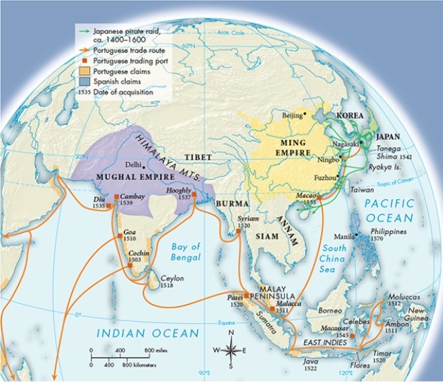 According to Map 21.3,  East Asia, ca. 1600,  what likely attracted the so-called Japanese pirates to the east coast of Asia?   A)  It was close in proximity to the trade routes of the East Indies. B)  It provided easy access to Spanish territorial claims. C)  The coastline was home to a major and profitable Portuguese trade route. D)  Taiwan was a major base of operations for wealthy Spanish traders.