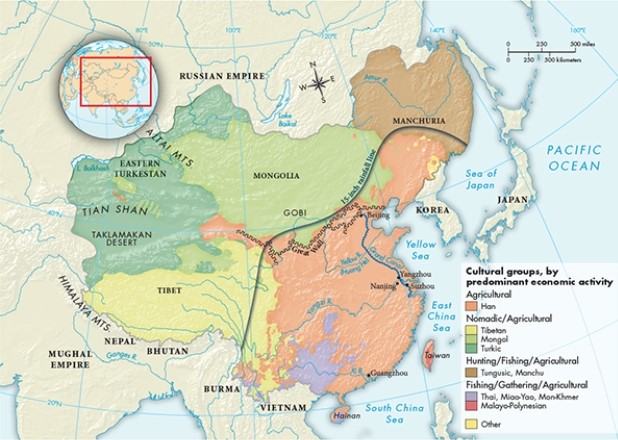 According to Map 21.1,  The Qing Empire, ca. 1800,  which people(s)  occupied territory that was once the heart of the Ming Empire?   A)  Malayo-Polynesian B)  Mongol C)  Turkic D)  Tungusic, Manchu