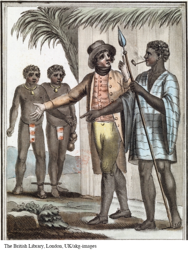Which of the following statements is true regarding the negotiation taking place in this illustration?   A)  Given the expense involved in conducting slave raids, the African male with whom the European trader is negotiating was likely a wealthy entrepreneur. B)  Other than being taken captive, the African people played little, if any, role in the African slave trade. C)  The African male engaged in negotiation was likely a poor merchant. D)  Based on his style of dress, the African trader most likely lived in the region of Benin.