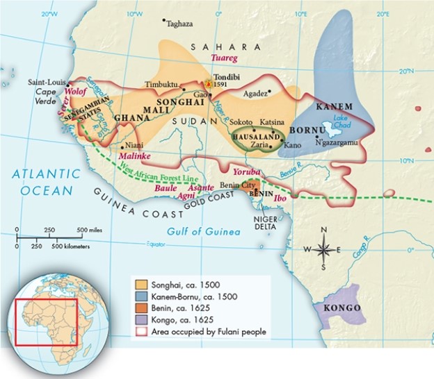 Based on Map 20.1,  West African Societies, ca. 1500-1800,  which of the following played a major role in the Portuguese slave trade, due largely to its geographic location?   A)  Zaria B)  Timbuktu C)  Agadez D)  Benin
