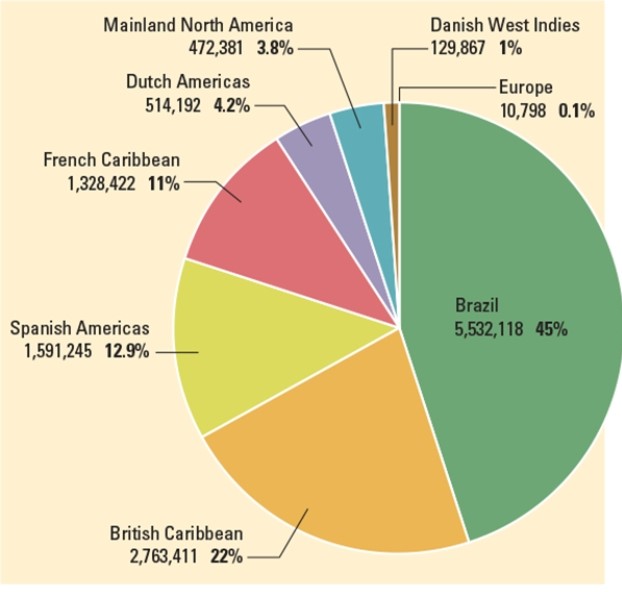 How is the insatiable demand for coffee and sugar reflected in this chart depicting slave imports by destination?   A)  The largest numbers by far were sent to Brazil and the Caribbean, where these crops were produced. B)  The Spanish, who consumed massive amounts of both products, imported nearly 13% of slaves overall to their American colonies. C)  A relatively sizable number were sent to the West Indies. D)  Less than 1% were sent to Europe, where neither product was produced.