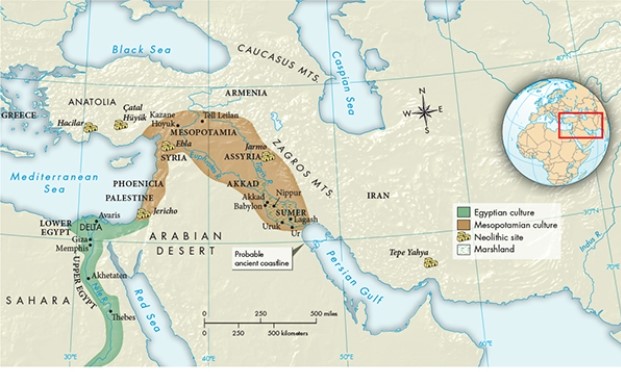 According to Map 2.1,  Spread of Cultures in Southwest Asia and the Nile Valley, ca. 3000-1640 B.C.E.,  which major geographic feature did Egypt and Mesopotamia have in common?   A)  Major rivers that facilitated trade and communication B)  The Mediterranean Sea C)  Marshlands that often restricted human travel D)  Neolithic sites