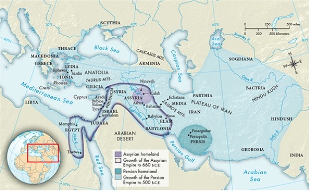 According to Map 2.3,  The Assyrian and Persian Empires, ca. 1000-500 B.C.E.,  at its height which of the following regions fell within the boundaries of the Persian Empire?   A)  Greece B)  Macedonia C)  The Arabian Peninsula D)  Mesopotamia