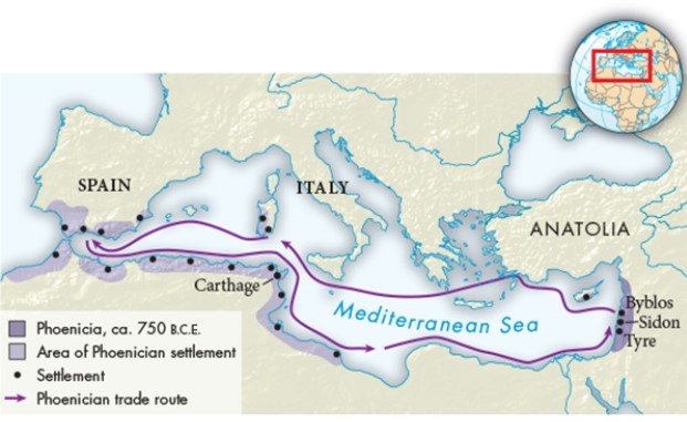 Based upon the trade and settlement patterns of the Phoenicians in the map  Phoenician Settlements in the Mediterranean,  which of the following is true?   A)  Their voyages brought them into contact with the Babylonians. B)  They were master shipbuilders. C)  The Tigris and Euphrates Rivers were vital to their trade routes. D)  They likely never encountered Egyptians.