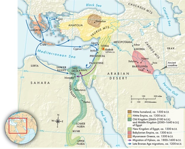 According to Map 2.2,  Empires and Migrations in the Eastern Mediterranean,  which of the following would have made Egypt a difficult region to invade, as some historians have suggested?   A)  The deserts surrounded the narrow swath of land occupied by the kingdom. B)  The Nile River cut straight through the heart of the kingdom. C)  The Red Sea could make passage through much of the Arabian Desert especially difficult. D)  The waters of the Mediterranean Sea where it meets the Nile Delta were rough.