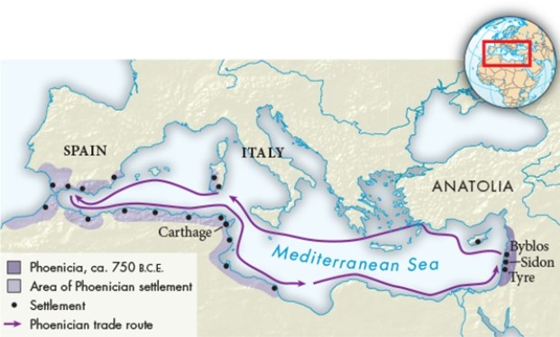 Based upon the map  Phoenician Settlements in the Mediterranean,  the settlements at Tyre, Sidon, and Byblos were all situated in territory that was once part of which of the following?   A)  Ancient Egypt B)  Ancient Mesopotamia C)  Greece D)  Babylonia