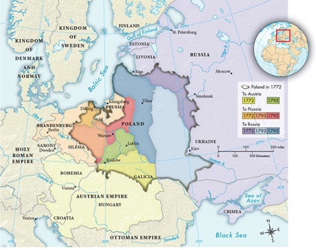 Based on the evidence in this mMap 19.1,  The Partition of Poland, 1772-1795,  what was one of the consequences of Poland's partition?   A)  Poland ceased to exist as an independent nation. B)  Russia gained access to the Black Sea. C)  Russia ceded the Pale of Settlement to Austria. D)  Austria gained long-desired access to the Baltic Sea via Danzig.