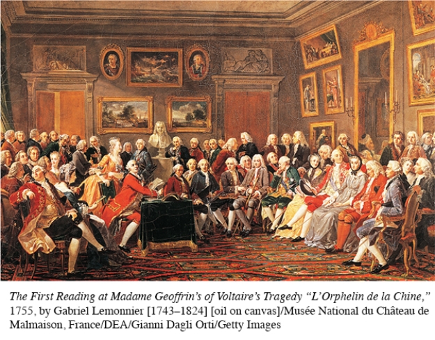 Based on this illustration of an Enlightenment-era salon, in what way did Madame Geoffrin flout the gender norms of her day, such as those advocated by Jean-Jacques Rousseau?   A)  She appears as a rather passive participant in an age when most people believed women should actively engage in intellectual pursuits. B)  She is facilitating the salon, which Rousseau and others believed was an unnatural role for women. C)  Her expression and posture suggest that her views diverged widely from those of her male counterparts. D)  Her manner of dress suggests that she continued to adhere to the outdated notion that a woman's primary role was to attract male sexual desire.