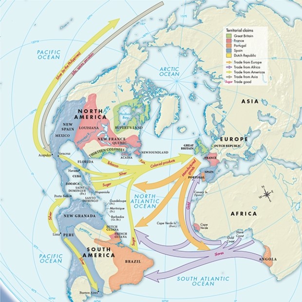 The flow of products between which regions, as illustrated in Map 19.2,  The Atlantic Economy,  was part of the so-called  triangle trade  between which countries?   A)  South America, North America, and the Philippines B)  Europe, Africa, South America, and Asia C)  Europe, Africa, the Americas D)  Africa, South America, the Philippines, and Asia