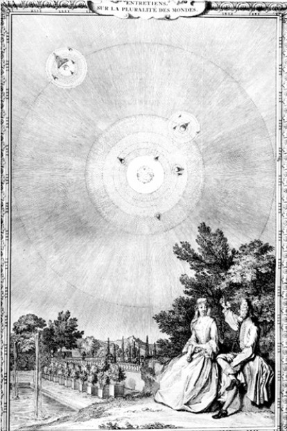 In what way does this illustration reflect the intellectual change fostered by the Scientific Revolution?   A)  It depicts the view held by such people as Jean-Jacques Rousseau that females should take equal part in scientific pursuits. B)  It debunks the long-held Aristotelian argument that the earth was at the center of the universe. C)  It reinforces the Aristotelian belief that the earth was the center of the universe. D)  It depicts the widely held belief that the pursuit of science should be a leisurely exercise as opposed to a serious scholarly endeavor.