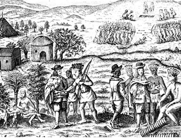 How does this illustration reflect the impact of the fur trade on the lives of Native Americans?   A)  It created tensions between rival groups as evidenced by the armed confrontation in the background. B)  The lack of agricultural land suggests a reduction in the emphasis on agriculture. C)  It exacerbated tensions between European colonists and Native Americans. D)  The fur trade had little impact on Native Americans.