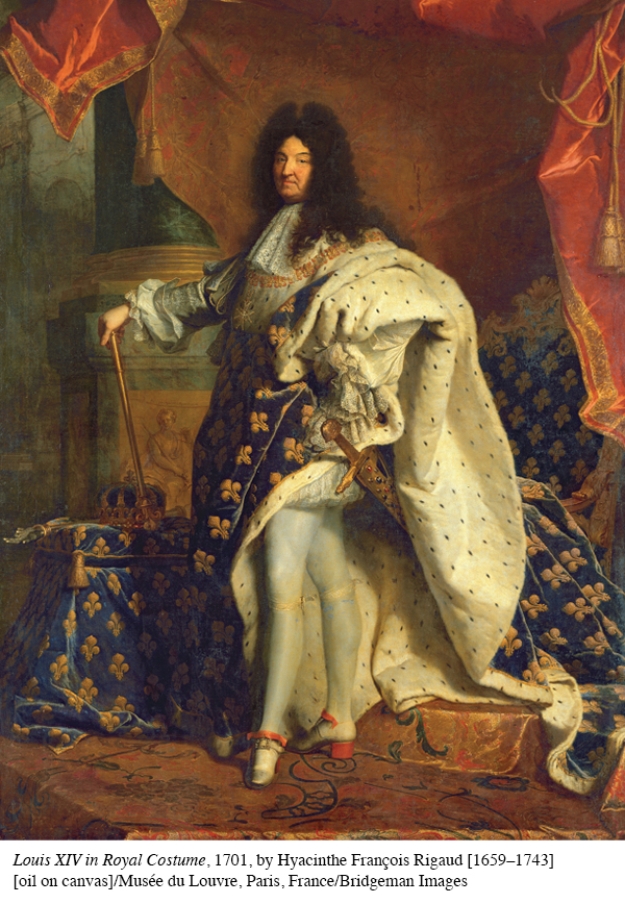 The incredible detail of this portrait, including the magnificent clothing, royal scepter, and sword, is intended to reflect which of the following?   A)  The splendor of the Spanish court B)  The absolutist power wielded by King Louis XIV C)  The power of the French monarchy heading into the Thirty Years' War D)  The feelings of Louis XIV against the notion of divine right