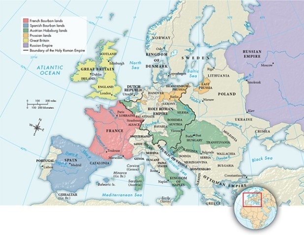 Based on Map 18.3,  Europe After the Peace of Utrecht, 1715,  which territory remained the most stable in terms of territory retained or expanded between the end of the Thirty Years' War and the War of the Spanish Succession?   A)  Prussia B)  France C)  Spain D)  Austria